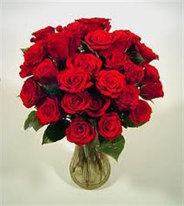 24 Red Roses with Greenery Vase Included