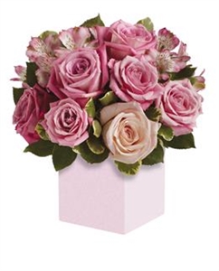Box of Pink & White Roses with Greenery